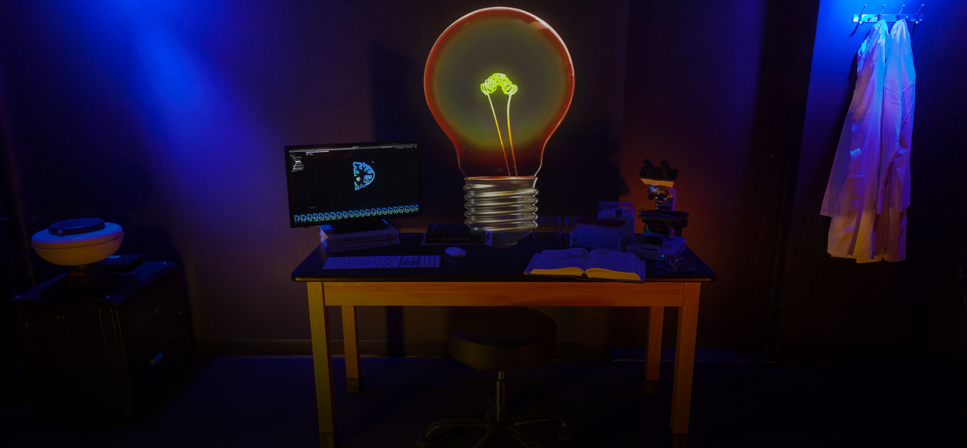 Desk with image of lightbulb on it